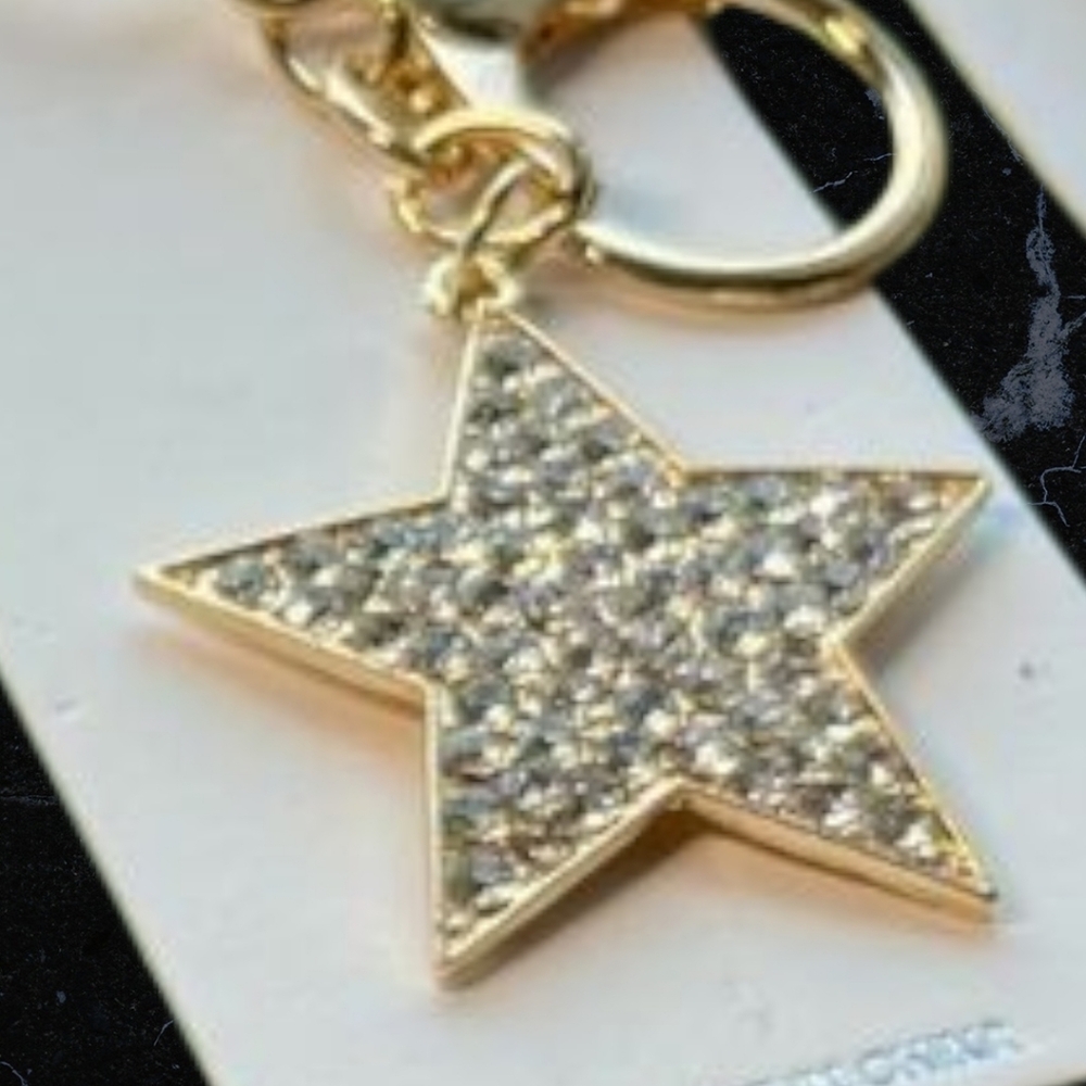 NWT CLEAR Rhinestone STAR Gold tone Bag Charm Keychain Keys House Patriotic